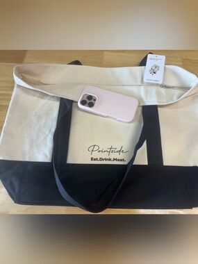 Black & Natural Zip Canvas Tote Bag with Pocket